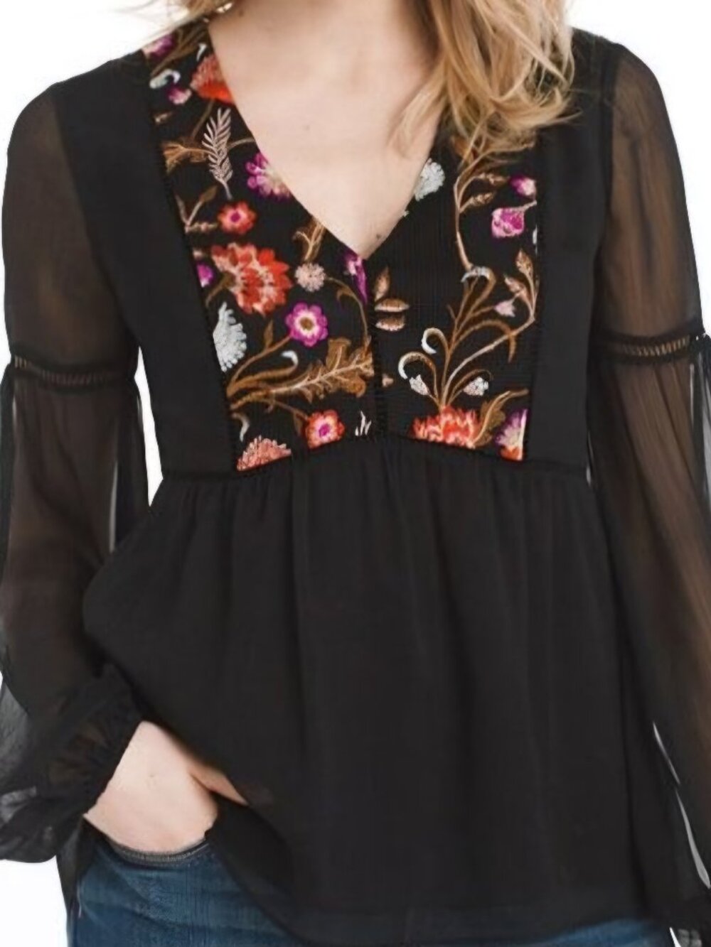 White House Black Market long sleeve floral embroidered shirt.  Size 0.